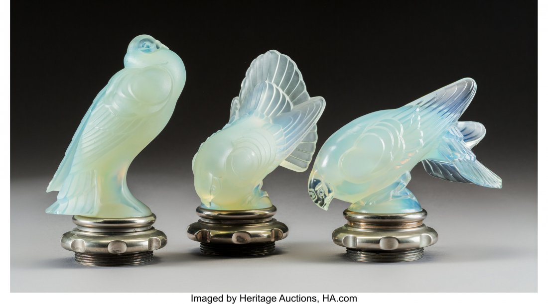 Three Sabino Opalescent Glass DoveAutomobile Mas: Three Sabino Opalescent Glass DoveAutomobile Mascots, circa 1930 Marks: SABINO PARIS 7-1/2 inches (19.1 cm) HID03101062020 © 2020 Heritage Auctions | All Rights Reserved