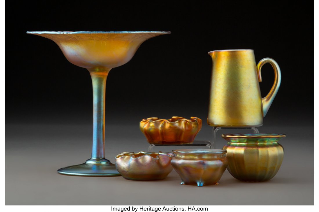 Five Tiffany Studios Favrile Glass Articles with: Five Tiffany Studios Favrile Glass Articles with One Quezal Glass Vase, circa 1910 Marks to Tiffany Studios articles: L. C. Tiffany Favrile, (various) Marks to Quezal vase: Quezal 6-1/8 inches (15.6 c