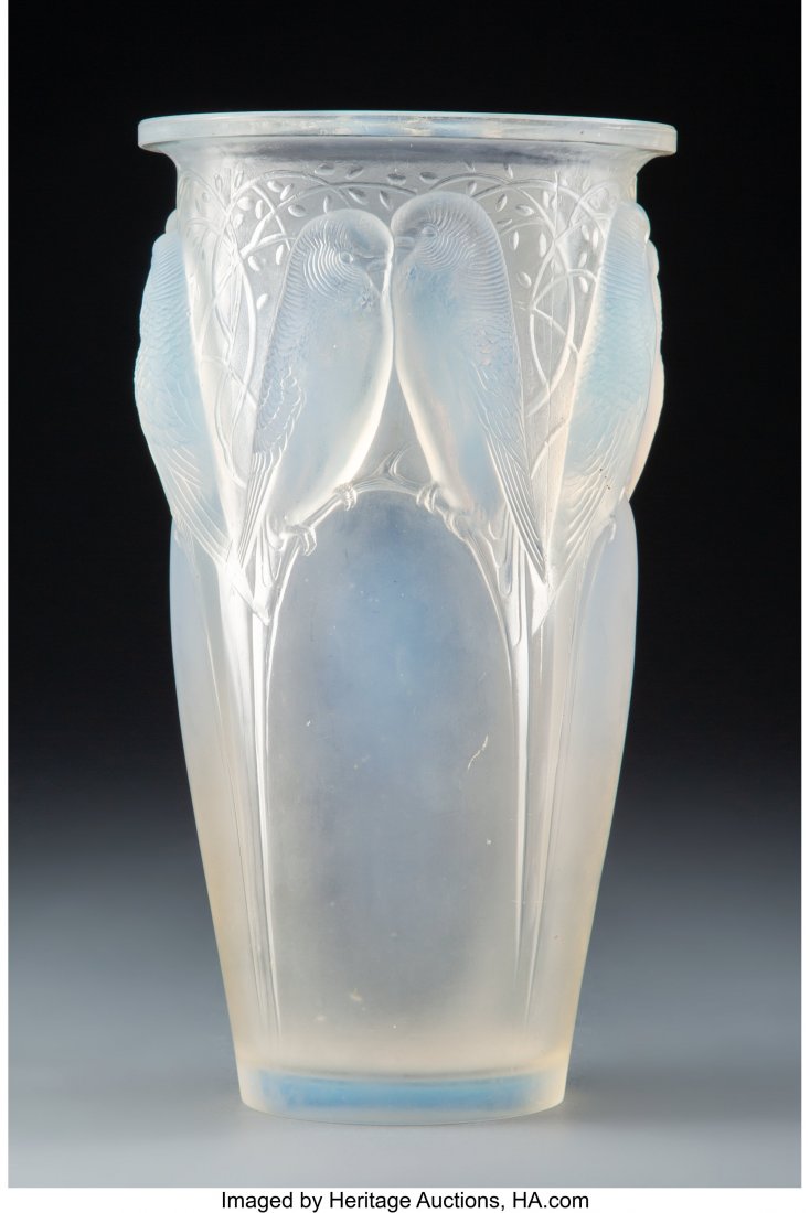 R. Lalique Opalescent Glass Ceylan Vase, circa 1: R. Lalique Opalescent Glass Ceylan Vase, circa 1924 Marks: R. LALIQUE, France 9-7/8 inches (25 cm), M. p. 418, no. 905. PROPERTY OF THE ESTATE OF RANDALL J. MOSKOVITZ, MD, MEMPHIS, TENNESSEE HID031010