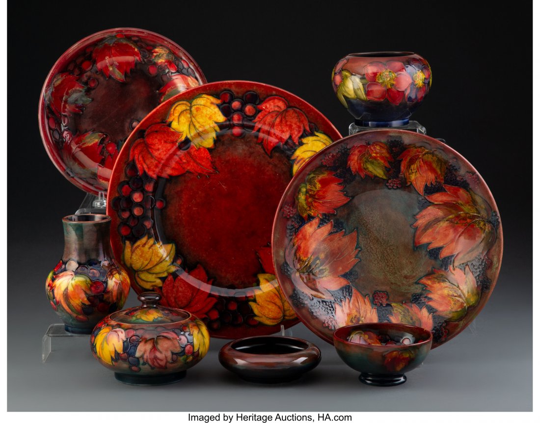 Eight-Piece Set of William Moorcroft Pottery Lea: Eight-Piece Set of William Moorcroft Pottery Leaf and Berry Table Articles, circa 1930 Marks to charger: MOORCROFT, MADE IN ENGLAND 11-1/2 inches (29.2 cm) (charger) The set comprising: 1 charger; 1 l