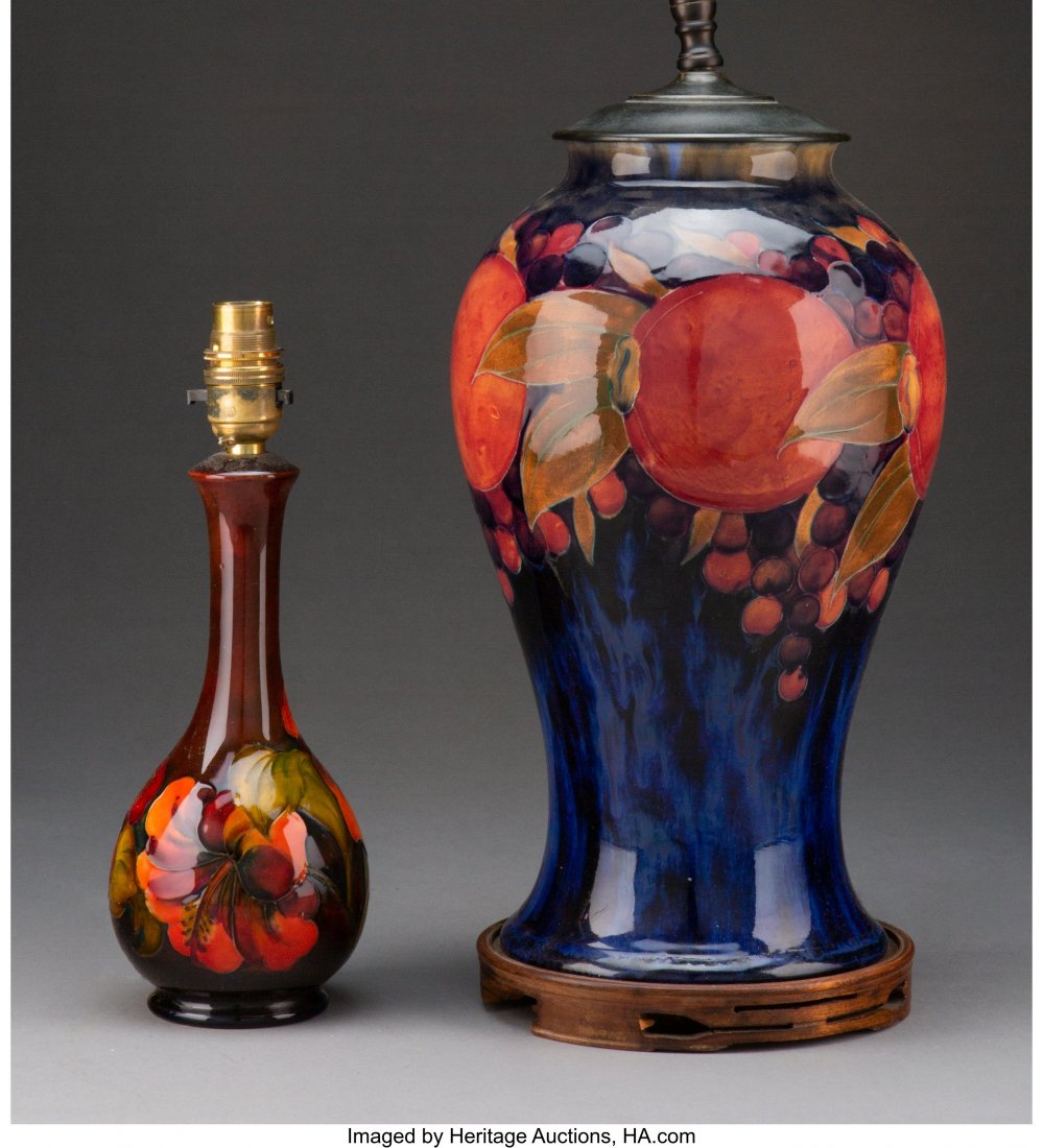 Two British Pottery Vases with Later Lamp Conver: Two British Pottery Vases with Later Lamp Conversion Attributed to William Moorcroft, circa 1930 Marks to one: MADE IN ENGLAND 20-1/2 inches (52.1 cm) (tallest) HID03101062020 © 2020 Heritage Auc