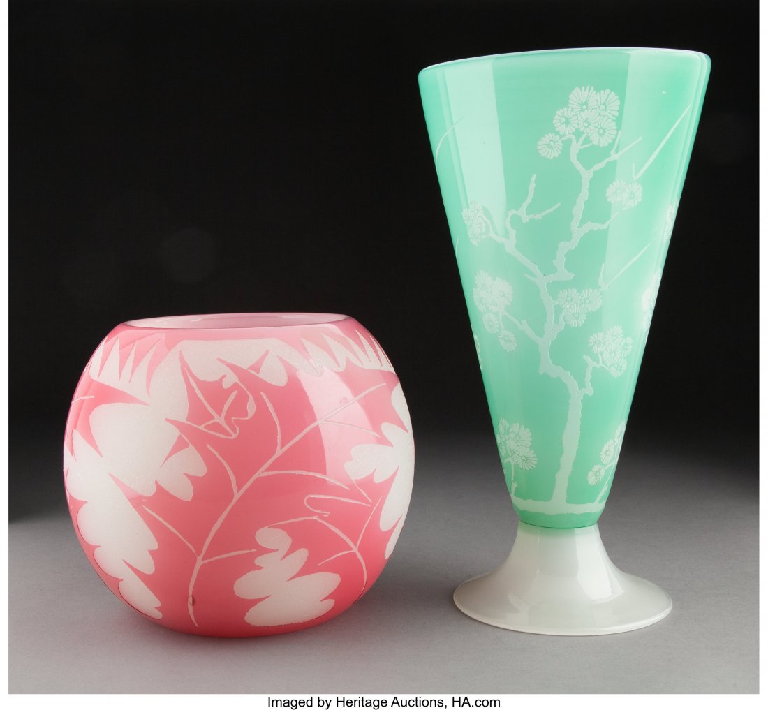 Two Steuben Acid-Etched Glass Vases, circa 1930 : Two Steuben Acid-Etched Glass Vases, circa 1930 12 inches (30.5 cm) (tallest) PROPERTY FROM THE ESTATE OF DR. JERRY N. BLACK, BUCKHANNON, WEST VIRGINIA PROVENANCE: Early Auction Company, Milford, Ohio