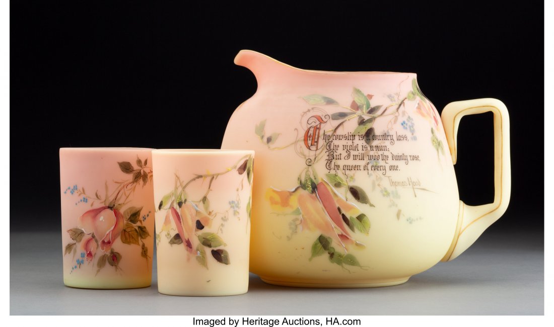 Three-Piece Mt. Washington Enameled Burmese Glas: Three-Piece Mt. Washington Enameled Burmese Glass Beverage Set Including Pitcher with Verse by Thomas Hood, circa 1890 6-1/2 inches (16.5 cm) (tallest, pitcher) PROPERTY FROM THE ESTATE OF DR. JERRY N