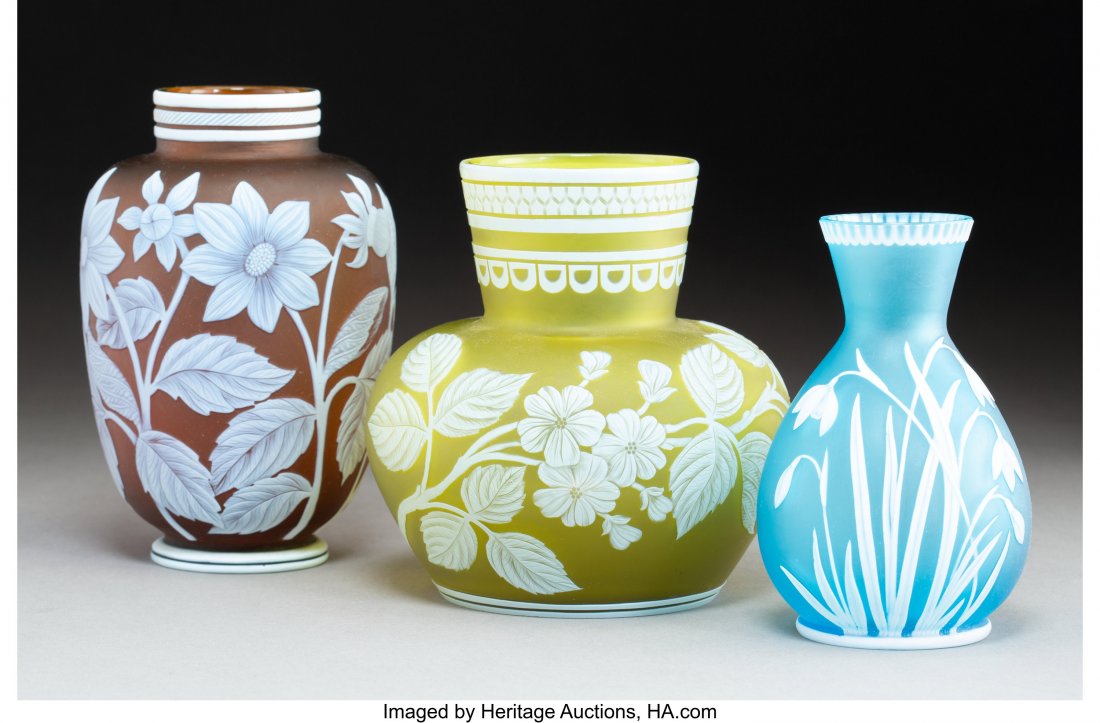 Three Thomas Webb & Sons Cameo Glass Vases, late: Three Thomas Webb & Sons Cameo Glass Vases, late 19th century Marks to shortest: THOMAS WEBB AND SONS 5-1/2 inches (14.0 cm) (tallest) PROPERTY FROM THE ESTATE OF DR. JERRY N. BLACK, BUCKHANNON, W