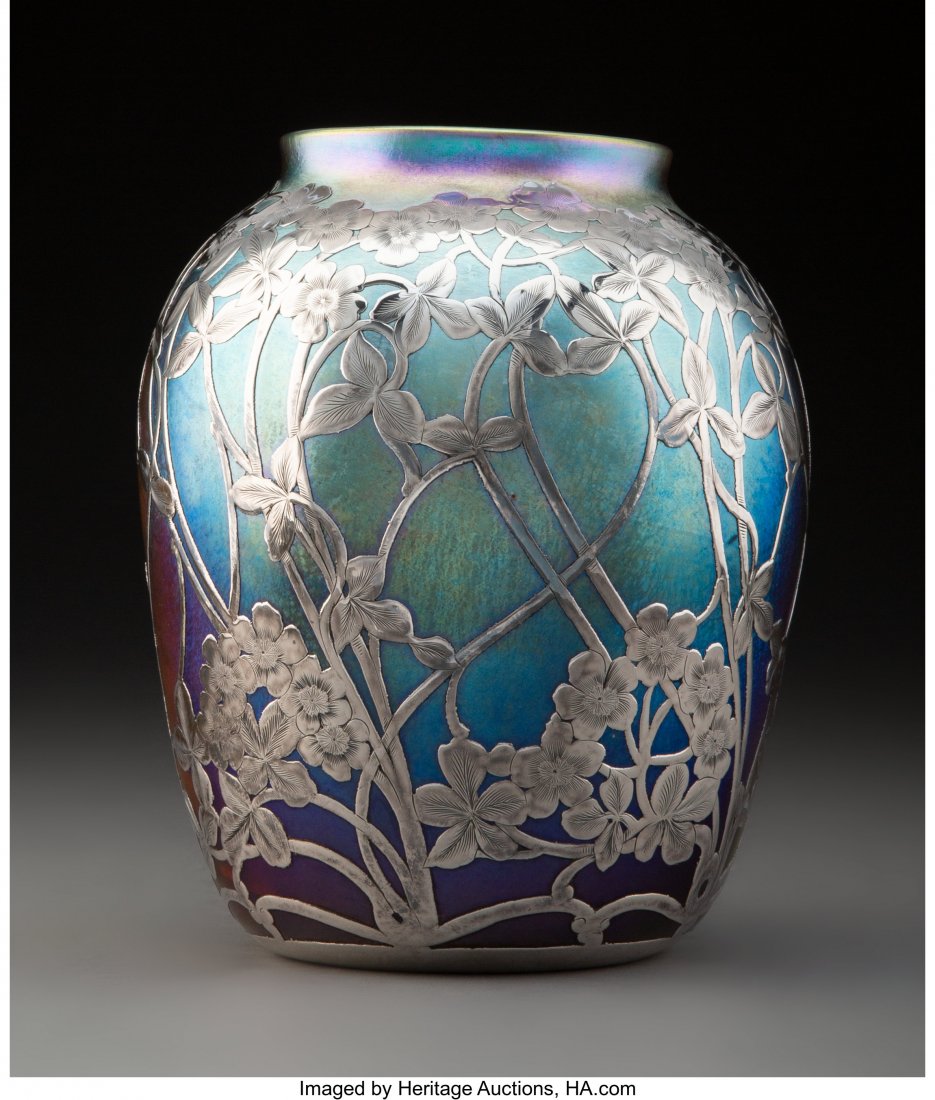 Loetz Norma Glass Vase with Silver Overlay, circ: Loetz Norma Glass Vase with Silver Overlay, circa 1900 Marks: (effaced makers mark) 7 inches (17.8 cm) PROPERTY OF THE ESTATE OF RANDALL J. MOSKOVITZ, MD, MEMPHIS, TENNESSEE HID03101062020 © 2020