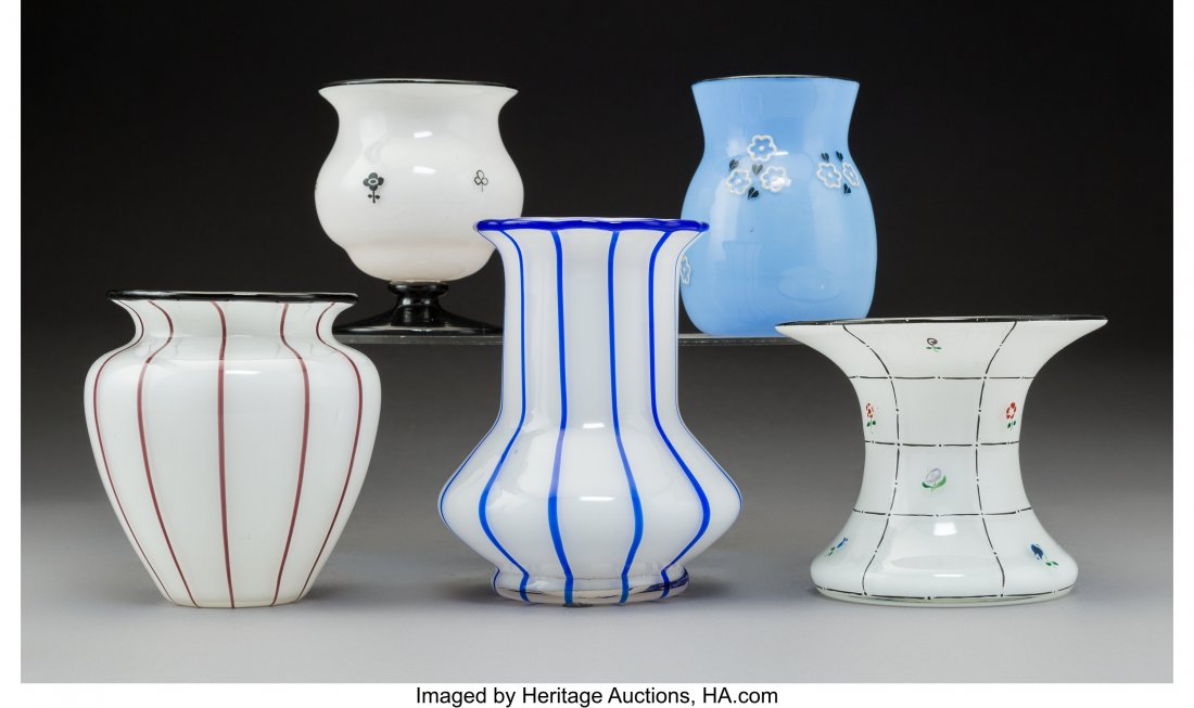 Five Loetz Glass Vases, circa 1914-1916 5-1/4 in: Five Loetz Glass Vases, circa 1914-1916 5-1/4 inches (13.3 cm) (tallest) Scattered fleabites to rims and undersides, scratches to undersides indicative of shelf wear, rubbing to edges throughout. HID0