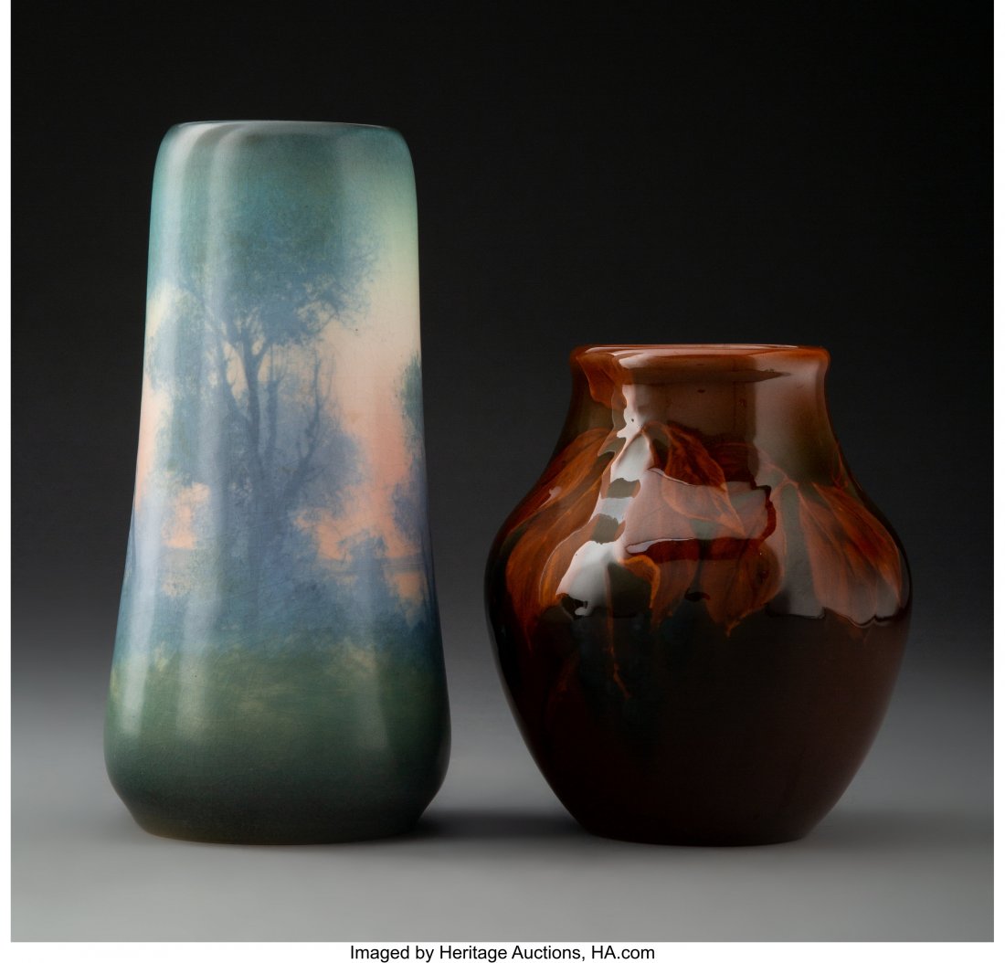 Two Rookwood Ceramic Vases, circa 1910 Marks to: Two Rookwood Ceramic Vases, circa 1910 Marks to tallest: (R-fourteen flames), XX, 2066, V, (artist monogram) 8 inches (20.3 cm) (tallest) PROPERTY OF THE ESTATE OF RANDALL J. MOSKOVITZ, MD, MEMPHIS, T