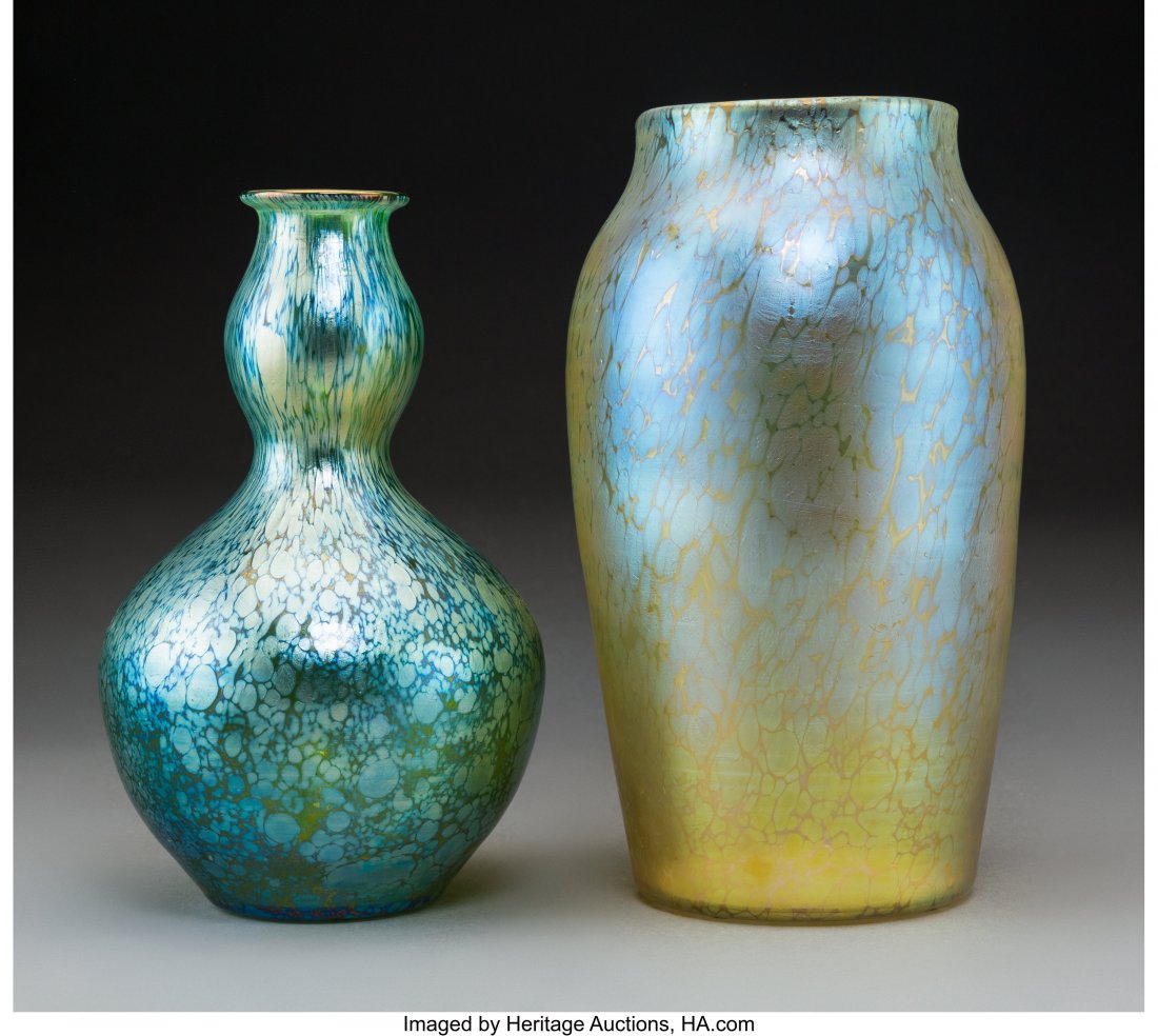Two Loetz Papillon Glass Vases, circa 1898 10 in: Two Loetz Papillon Glass Vases, circa 1898 10 inches (25.4 cm) (tallest) HID03101062020 © 2020 Heritage Auctions | All Rights Reserved