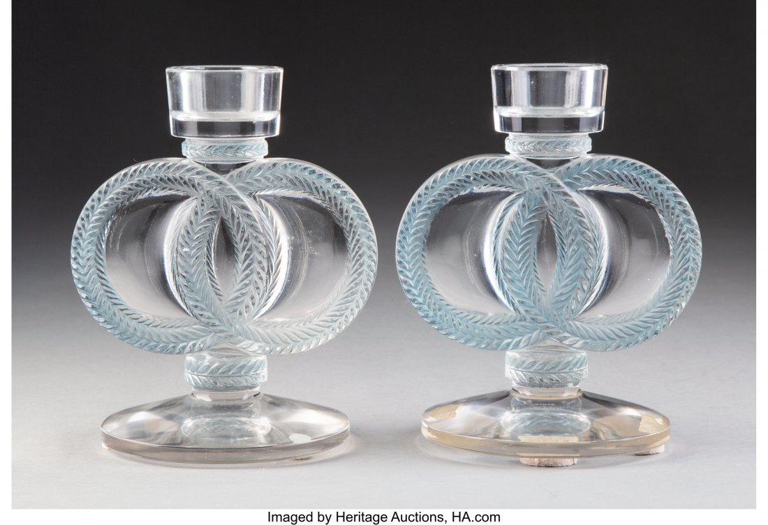 Pair of Lalique Glass Candlesticks with Blue Pat: Pair of Lalique Glass Candlesticks with Blue Patina, post-1945 Marks to each: LALIQUE, FRANCE 6-3/4 inches (17 cm) (each) HID03101062020 © 2020 Heritage Auctions | All Rights Reserved
