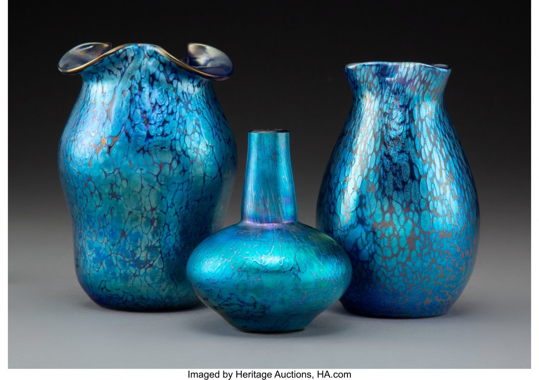 Three Loetz Papillon Glass Vases, circa 1898 Mar: Three Loetz Papillon Glass Vases, circa 1898 Marks: CZECHO-SLOVAKIA (on one) 5-3/4 inches (14.6 cm) HID03101062020 © 2020 Heritage Auctions | All Rights Reserved