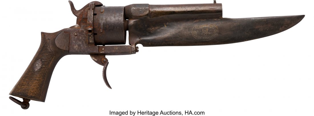 Pinfire Knife Pistol Marked Confederate States o: Pinfire Knife Pistol Marked Confederate States of America C.S.A. Serial no. 22, .45 caliber, 4 1/4-inch barrel with fixed front sight. Blued finish. Folding trigger. 7-inch knife blade to base of barr