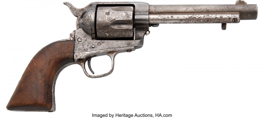 Historic U.S. Colt Single Action Army Revolver. : Historic U.S. Colt Single Action Army Revolver. Serial no. 9121 [frame], 1713 [triggerguard] and 846 [gate], .44 caliber, 5 1/2-inch barrel with fixed front sight and frame notch rear sight. Blued fin