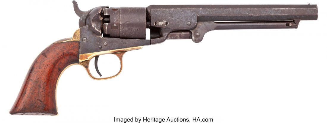 Scarce Colt Pocket Model of Navy Caliber Revolve: Scarce Colt Pocket Model of Navy Caliber Revolver. Serial no. 11414 [frame, barrel, triggerguard and butt, 1414 on cylinder], 36 caliber, 6 1/2-inch barrel, Top of barrel reads ADDRESS COL. SAM COLT N