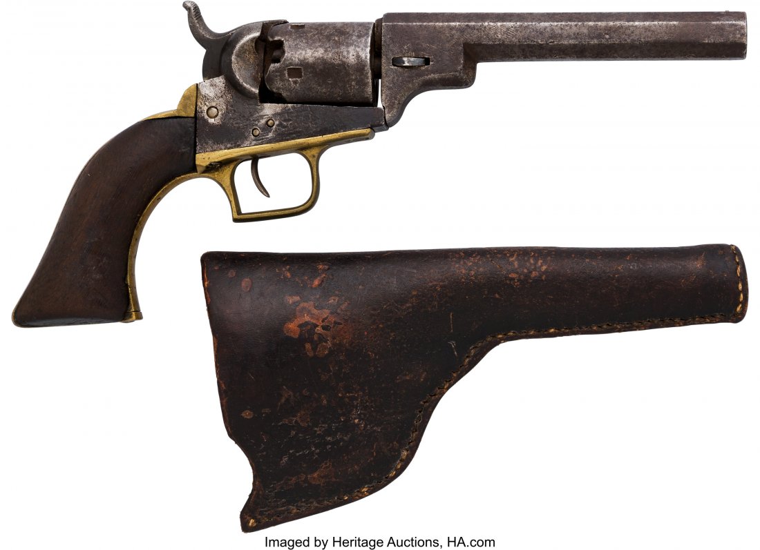 Colt Baby Dragoon Percussion Revolver with Leath: Colt Baby Dragoon Percussion Revolver with Leather Holster. Serial no. 1864 [frame, triggerguard and butt], .31 caliber, 5-inch octagonal barrel with fixed front bead sight. Blued and case-hardened fi