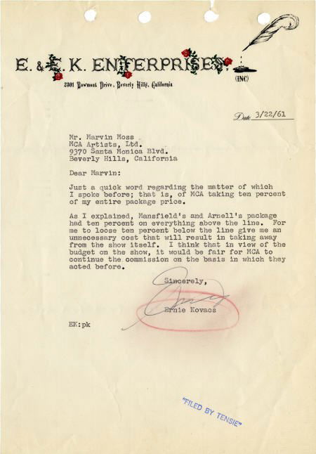 Ernie Kovacs Signed Letter.