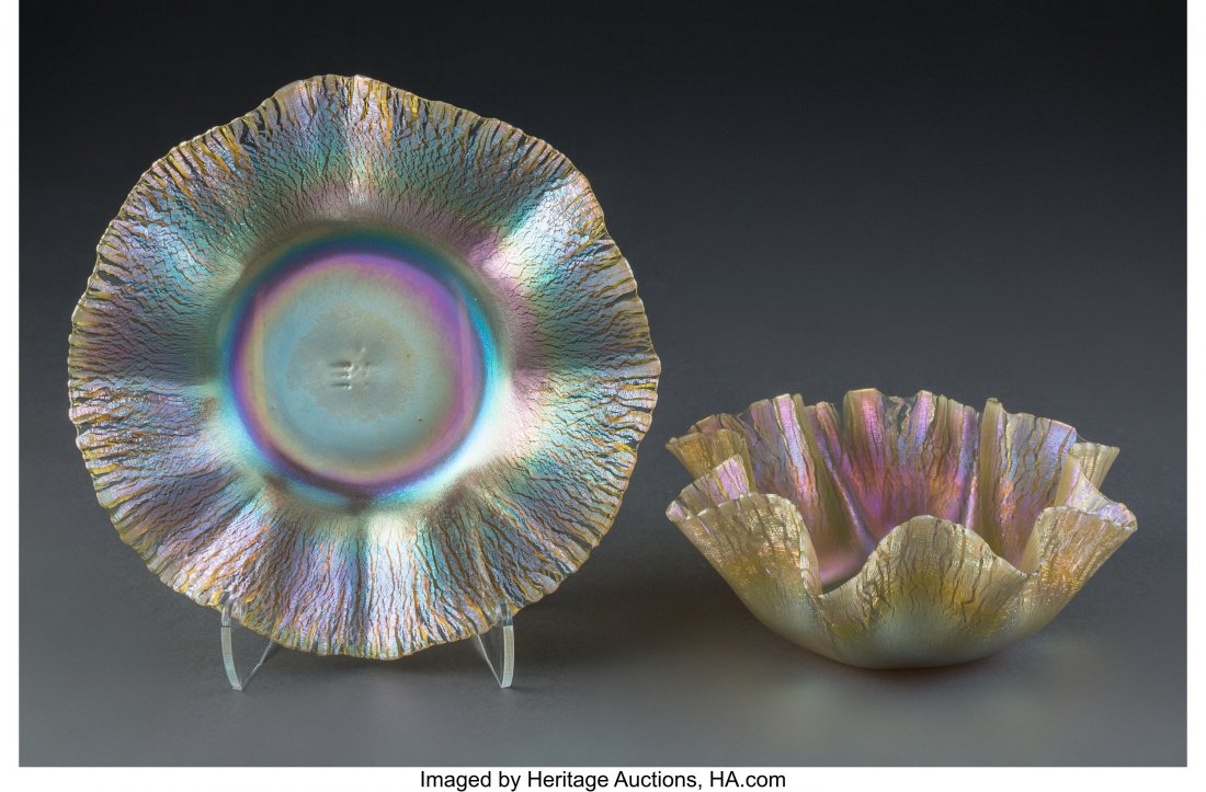 A Tiffany Studios Gold Favrile Glass Ruffle Bowl: A Tiffany Studios Gold Favrile Glass Ruffle Bowl and Underplate, circa 1920 Marks to bowl: N4010, LCT 2-1/2 x 5-7/8 inches (6.4 x 14.9 cm) (bowl) The underplate with marks LCT, M8368 HID03101062020 &c