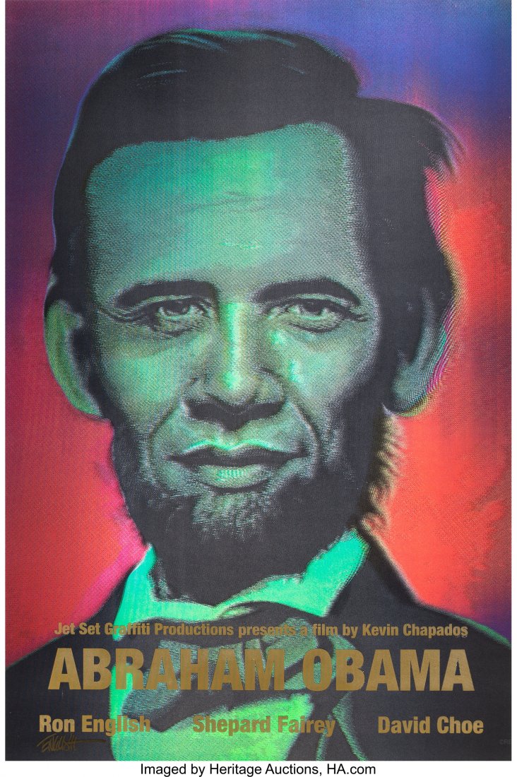 Ron English (b. 1959) Abraham Obama (Gold Letter: Ron English (b. 1959) Abraham Obama (Gold Lettering), 2009 Lenticular 3-color flip with silkscreened gold lettering 36 x 24 inches (91.4 x 61 cm) (sheet) Edition of 157 Signed in gold ink lower left H