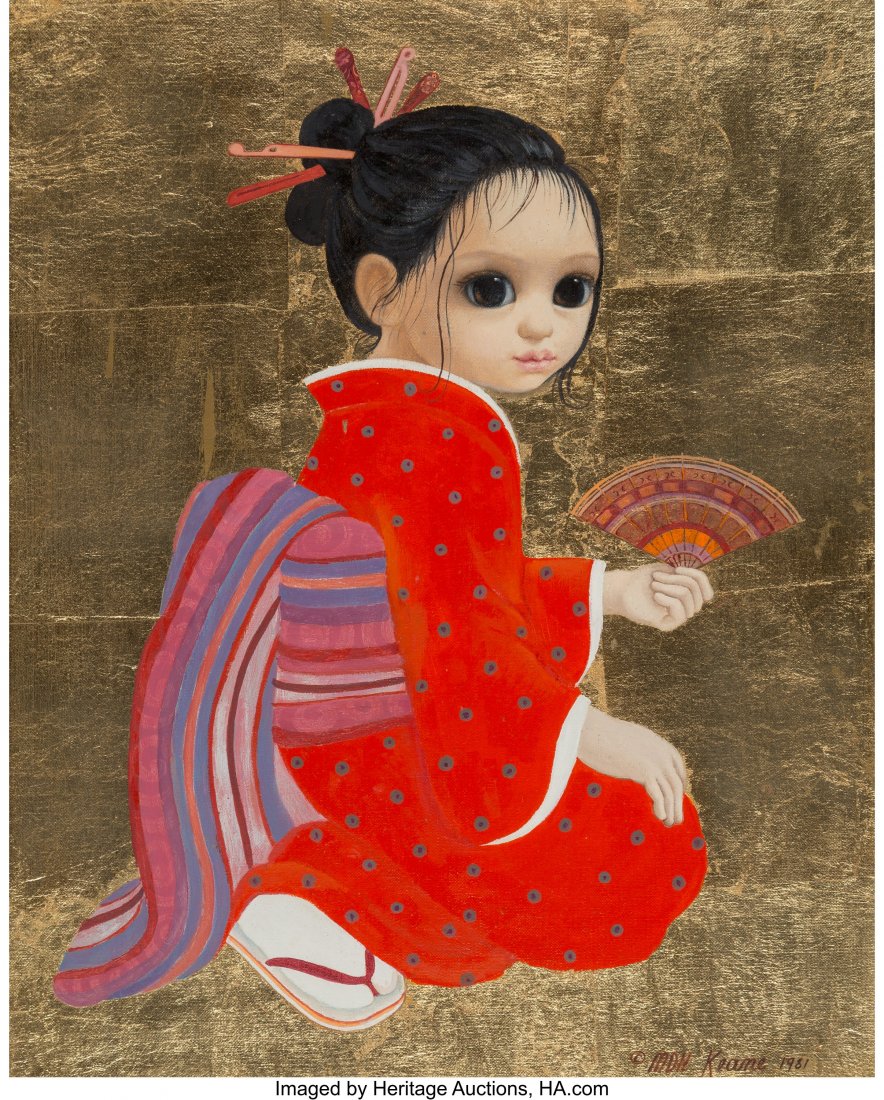 Margaret Keane (American, b. 1927) Red Against G: Margaret Keane (American, b. 1927) Red Against Gold, 1981 Oil on canvas with gold leaf 20 x 16 inches (50.8 x 40.6 cm) Signed and dated lower right: MDH Keane 1981 HID03101062020 © 2020 Heritage 