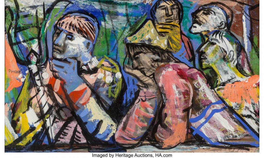 Josef Presser (American, 1907-1967) Entracte (In: Josef Presser (American, 1907-1967) Entracte (Intermission) Gouache on paper 12-1/8 x 21 inches (30.8 x 53.3 cm) Signed center left: Presser Titled verso: Entracte PROPERTY OF A LADY, NEW YORK HID0310