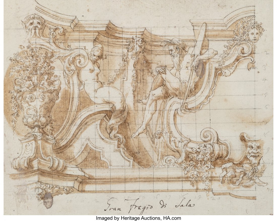 Attributed to Giuseppe Valeriani (Italian, 1708-: Attributed to Giuseppe Valeriani (Italian, 1708-1761) Gran fregio di sala Ink wash on paper 7-1/2 x 9-3/8 inches (19.1 x 23.8 cm) (sight) PROPERTY OF THE ESTATE OF RANDALL J. MOSKOVITZ, MD, MEMPHIS, T