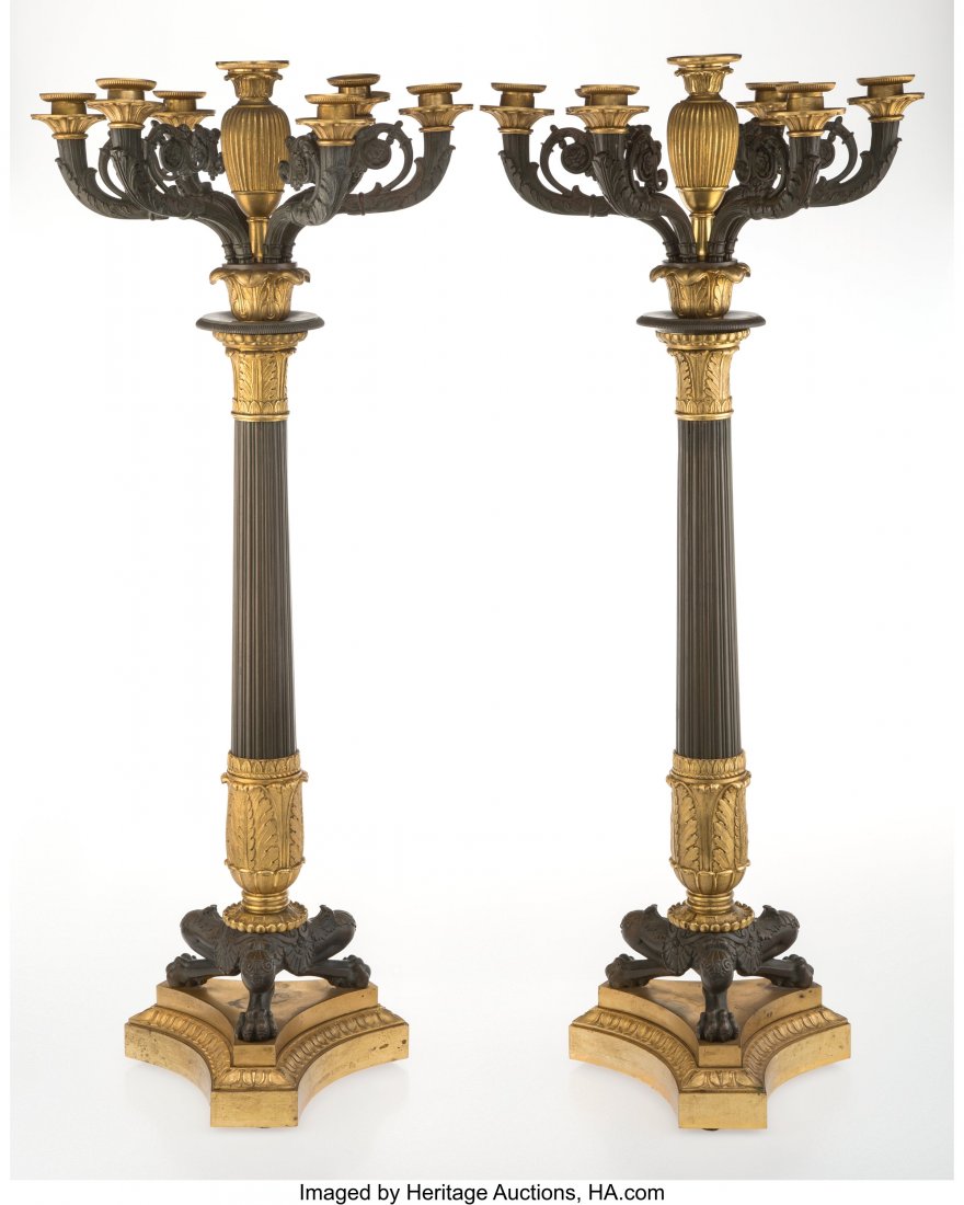 A Pair of French Charles X-Style Gilt and Patina: A Pair of French Charles X-Style Gilt and Patinated Bronze Seven-Light Candelabra, 20th century 31-1/2 x 14 inches (80.0 x 35.6 cm) HID03101062020 © 2020 Heritage Auctions | All Rights Reserved