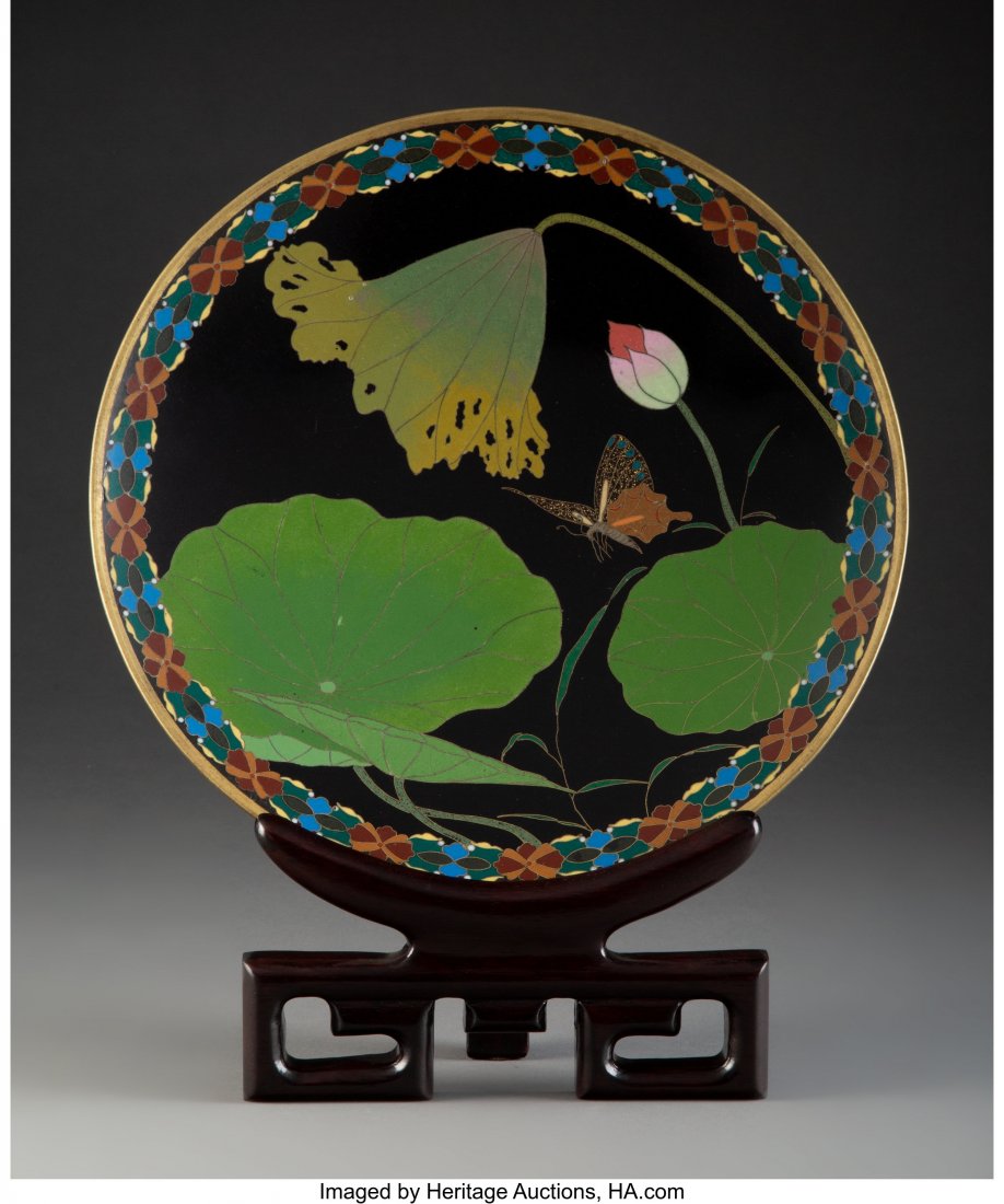 A Japanese Cloisonné Lily Pad Charger wit: A Japanese Cloisonné Lily Pad Charger with Wooden Stand, late Meiji period 12 inches (30.5 cm) PROPERTY FROM THE ESTATE OF STUART CUTSHALL, DALLAS, TEXAS PROVENANCE: Loyd Paxton, Dallas, Texas 