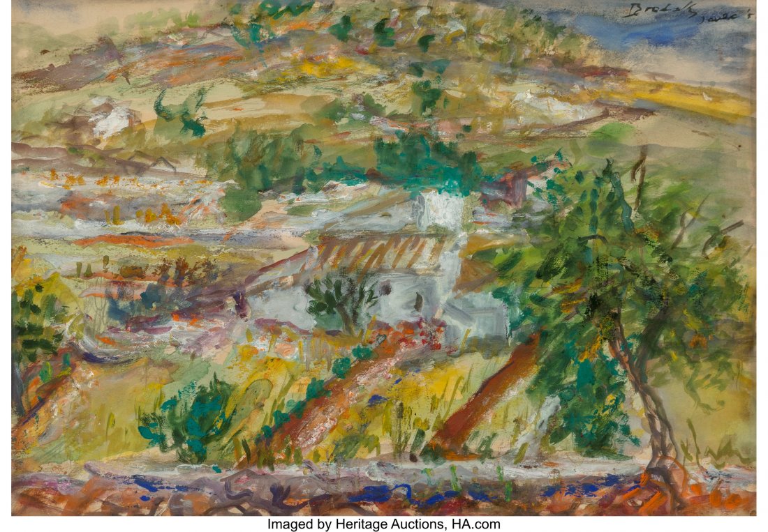 Stan Brodsky (American, b. 1925) In the Hillside: Stan Brodsky (American, b. 1925) In the Hillside, 1951 Watercolor on paper 9-1/4 x 13-1/4 inches (23.5 x 33.7 cm) (sight) Signed and dated upper right: Brodsky / '51 PROPERTY OF A LADY, NEW YORK HID03
