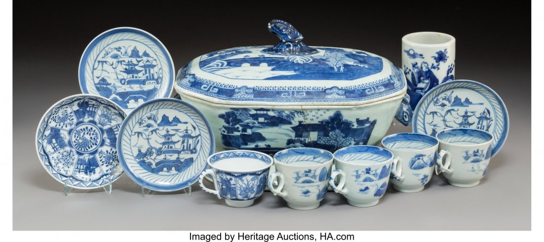 Eleven Chinese and Japanese Blue and White Expor: Eleven Chinese and Japanese Blue and White Export Porcelain Table Items, 19th century and later 8 x 12-1/2 x 8-1/4 inches (20.3 x 31.8 x 21.0 cm) (largest, tureen) The lot comprising five various cups