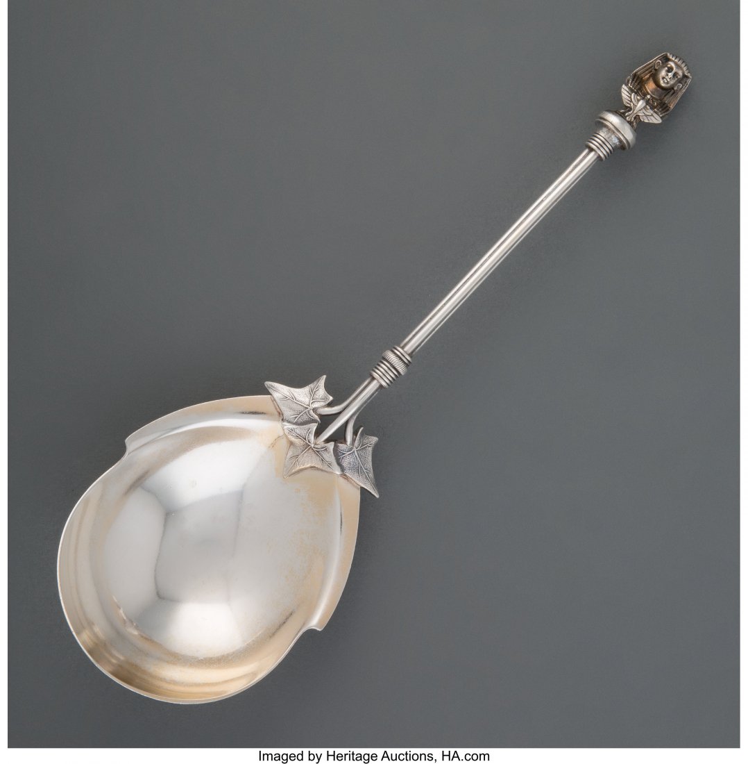 A Gorham Mfg. Co. Silver and Partial Gilt Berry : A Gorham Mfg. Co. Silver and Partial Gilt Berry Spoon, Providence, Rhode Island, circa 1869 Marks: (lion-anchor-G), STERLING 8-3/4 inches long (22.2 cm) 2.91 troy ounces In the Sphinx pattern, with si