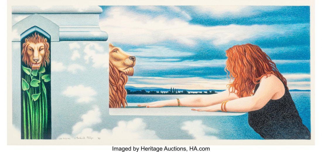 Frederick Phillips (British/American, b. 1953) L: Frederick Phillips (British/American, b. 1953) Leo Rising, 1993 Crayon and pencil on paper 9 x 20 inches (22.9 x 50.8 cm) (image, sight) Signed, dated, and titled lower left: Leo Rising Frederick Phil