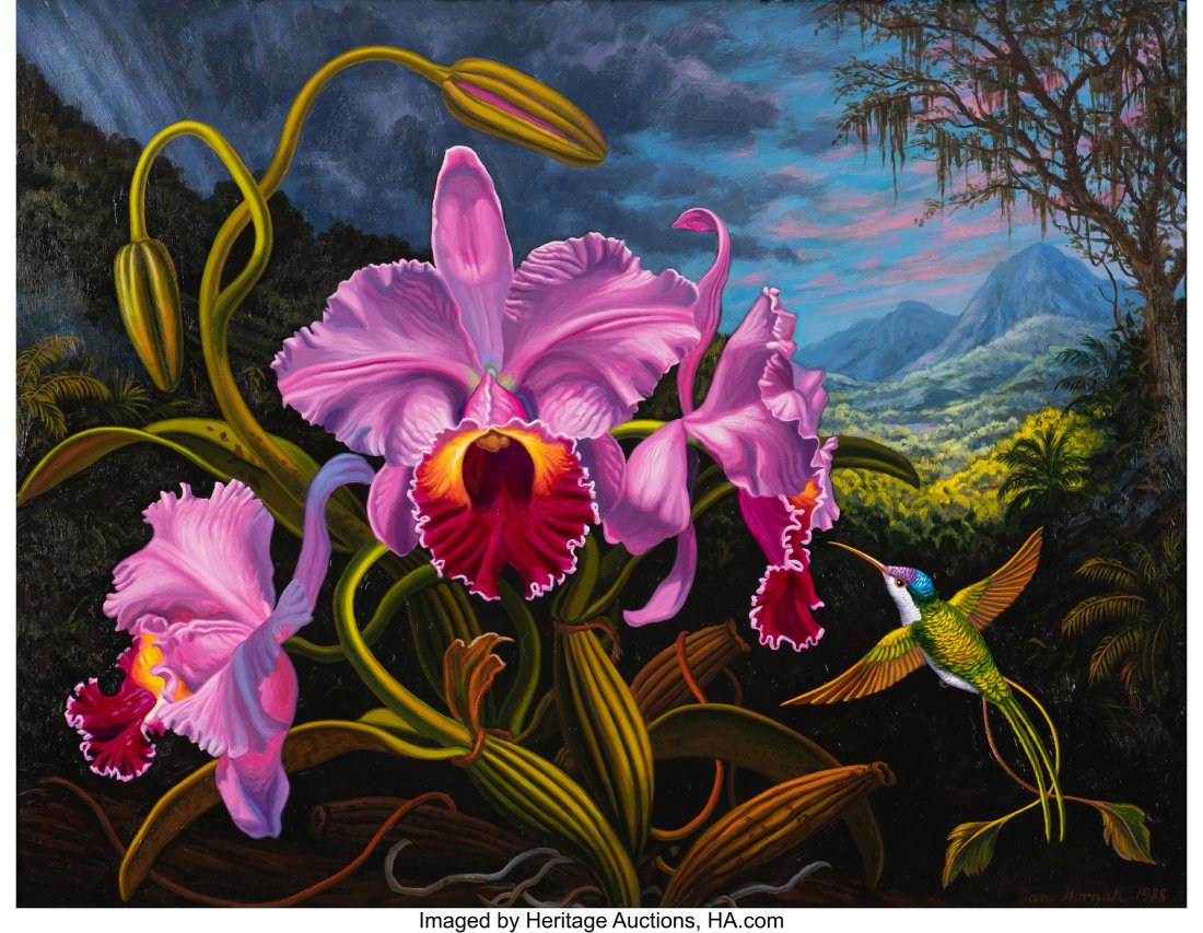 Ian Hornak (1944-2002) Orchid Piece (Three Pink: Ian Hornak (1944-2002) Orchid Piece (Three Pink Cattleyas with Racquet-Tailed Hummingbird), 1988 Acrylic on panel and wood 29 x 34-1/2 inches (73.7 x 87.6 cm) Signed, dated, and titled on the reverse: