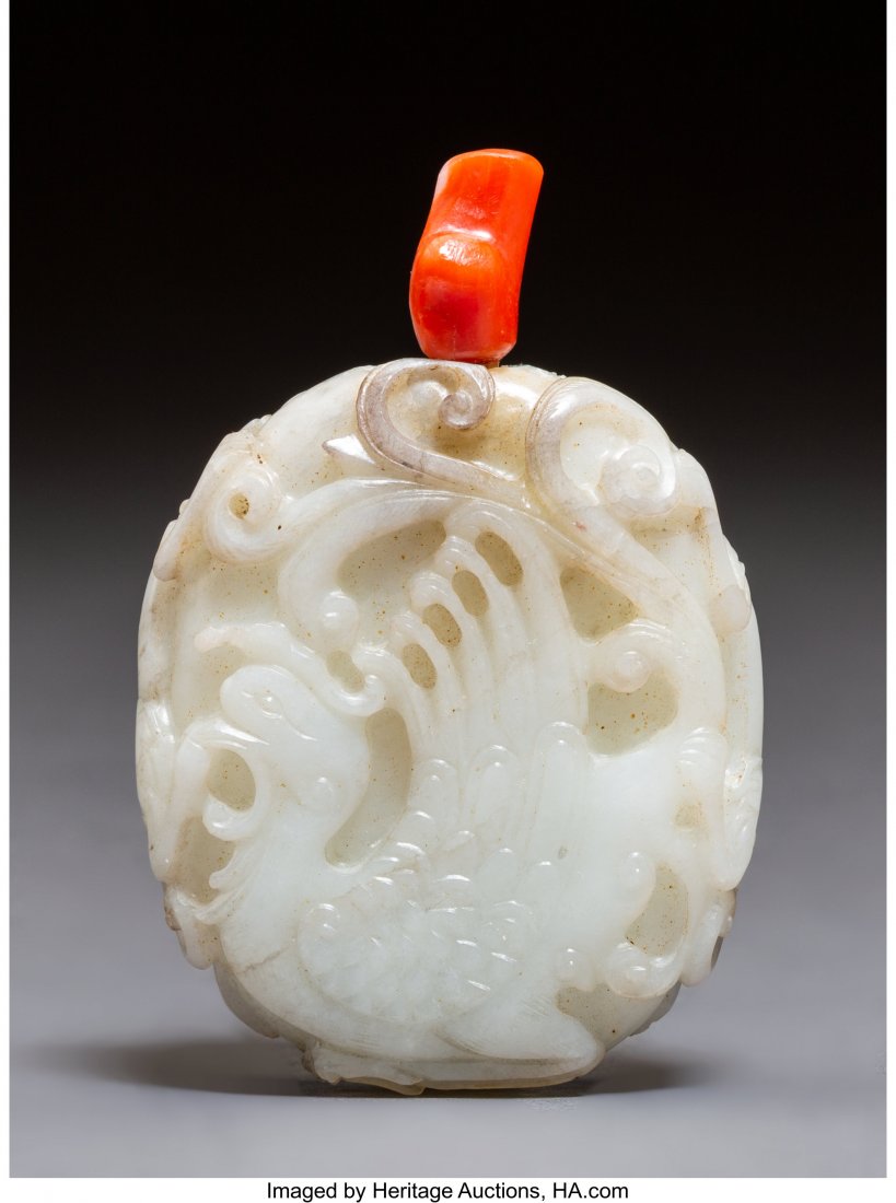 A Chinese White Jade Snuff Bottle with Coral Sto (1 of 2)