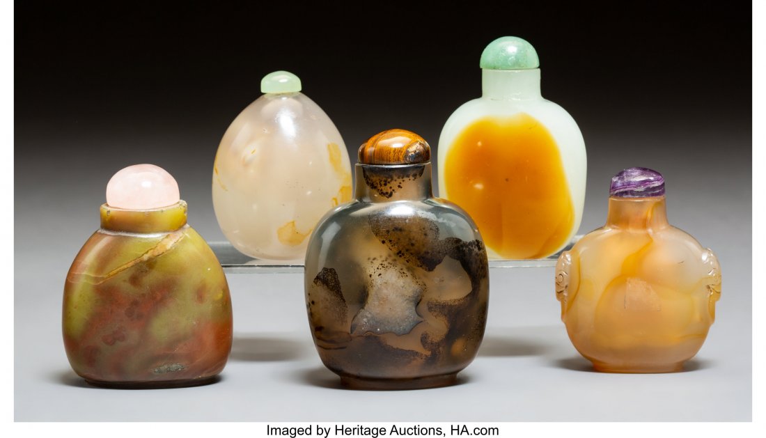 A Group of Five Chinese Chalcedony Snuff Bottles (1 of 2)