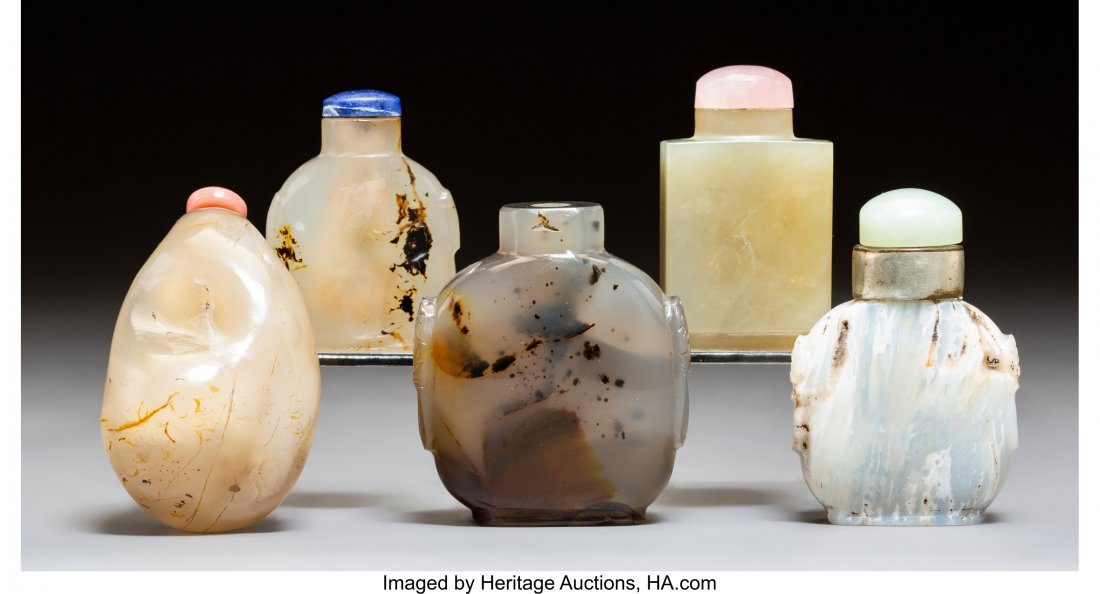 A Group of Five Chinese Chalcedony Snuff Bottles (1 of 2)