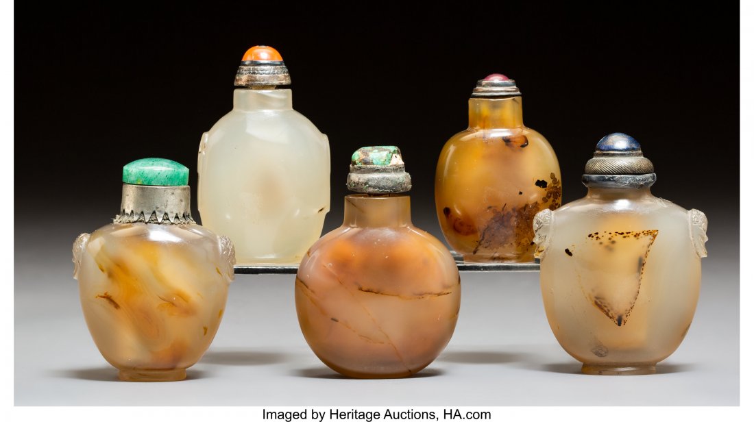 A Group of Five Chinese Chalcedony Snuff Bottles (1 of 2)