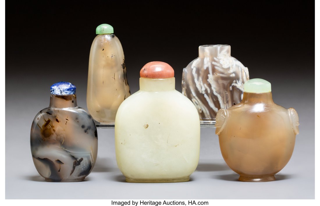 A Group of Five Chinese Hardstone Snuff Bottles (1 of 2)