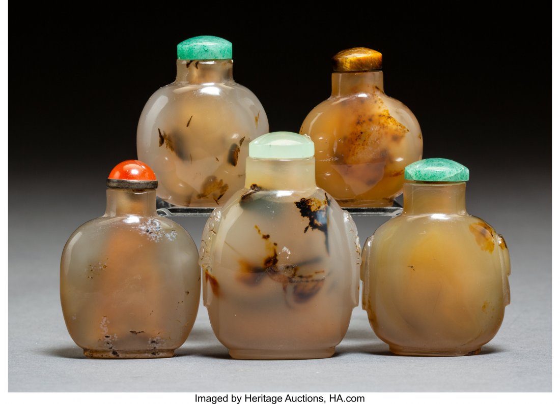 A Group of Five Chinese Hardstone Snuff Bottles (1 of 2)