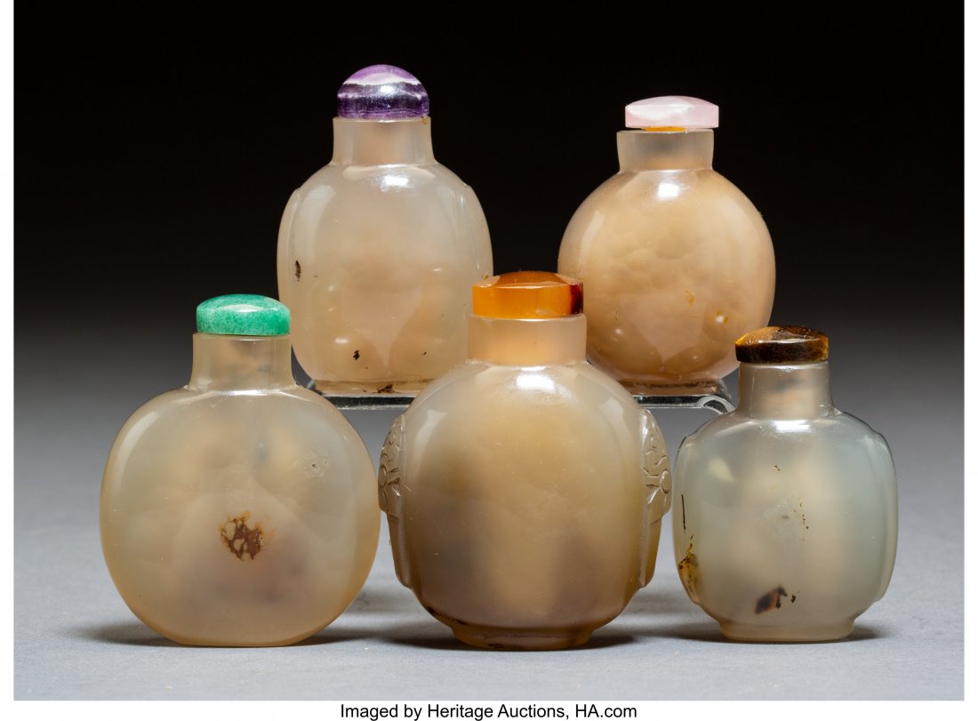 A Group of Five Chinese Hardstone Snuff Bottles (1 of 2)