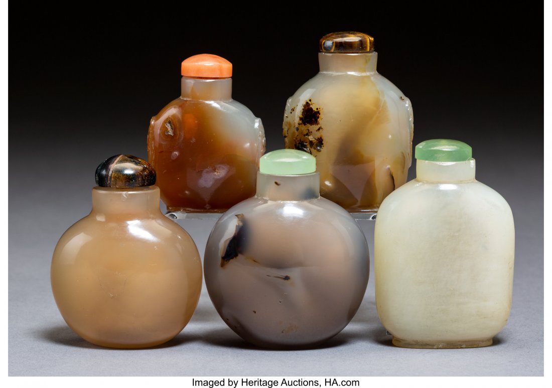A Group of Five Chinese Hardstone Snuff Bottles (1 of 2)