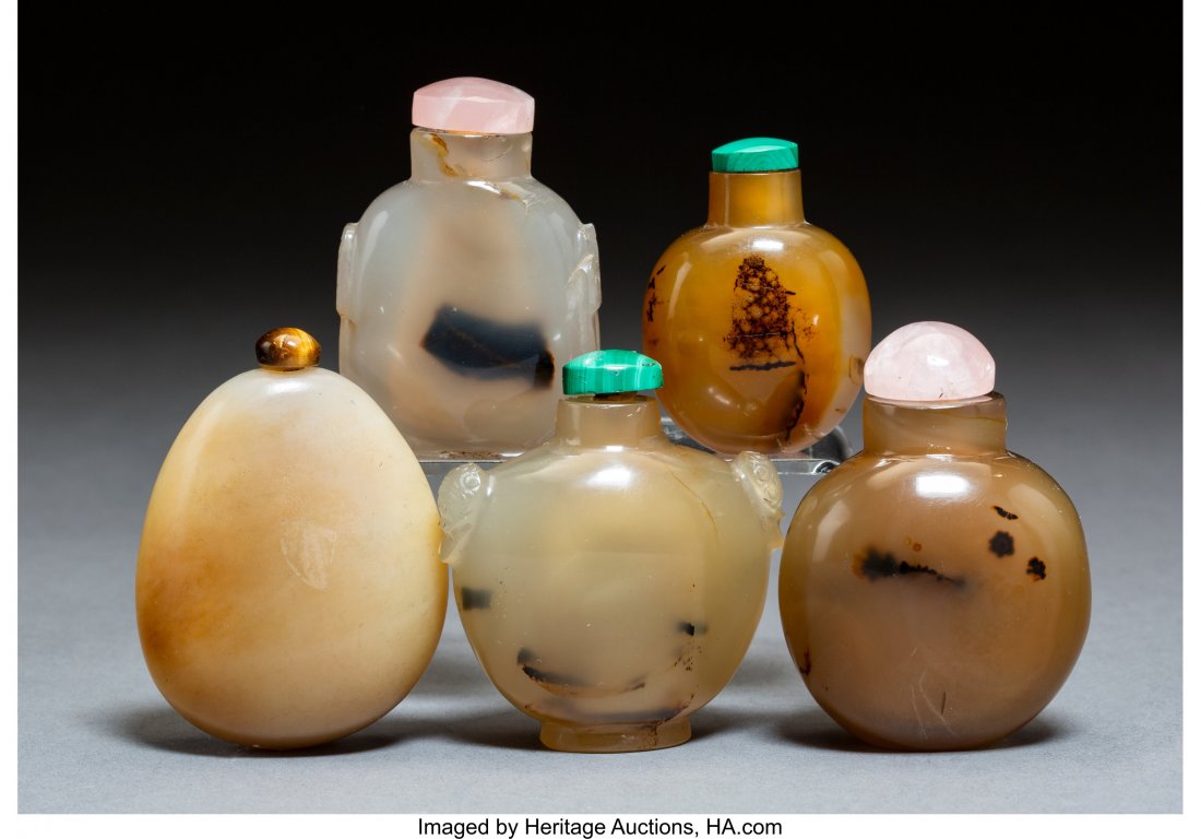 A Group of Five Chinese Hardstone Snuff Bottles (1 of 2)