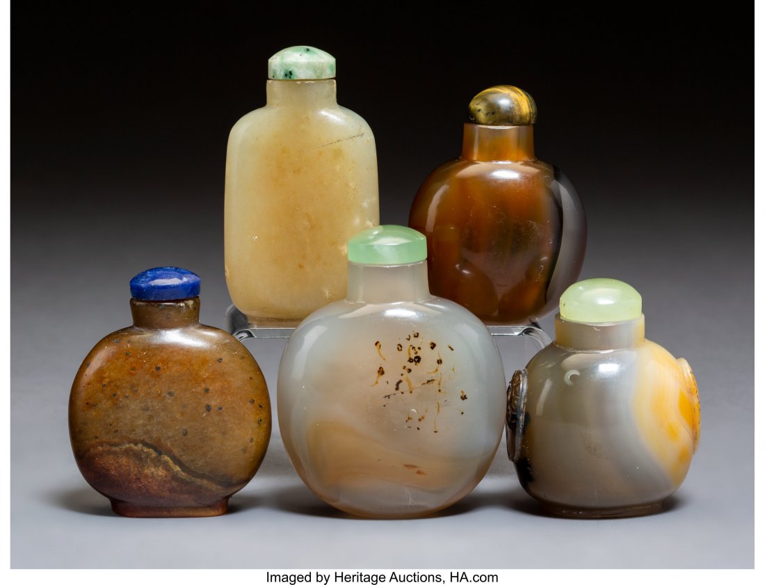 A Group of Five Chinese Hardstone Snuff Bottles (1 of 2)