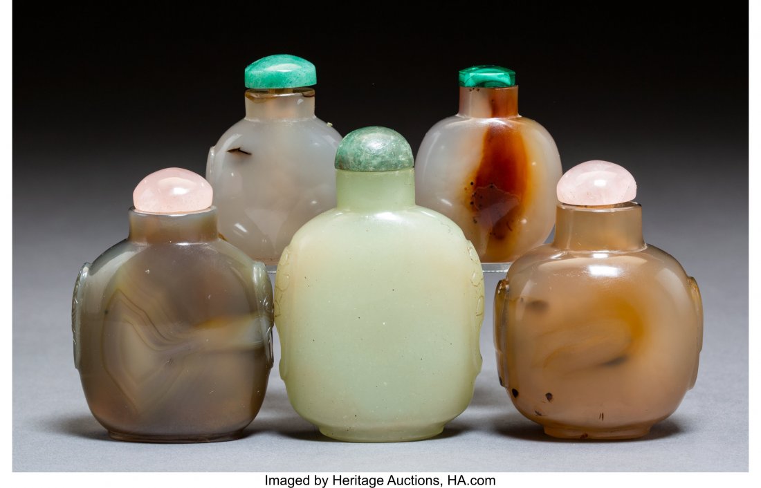 A Group of Five Chinese Hardstone Snuff Bottles (1 of 2)