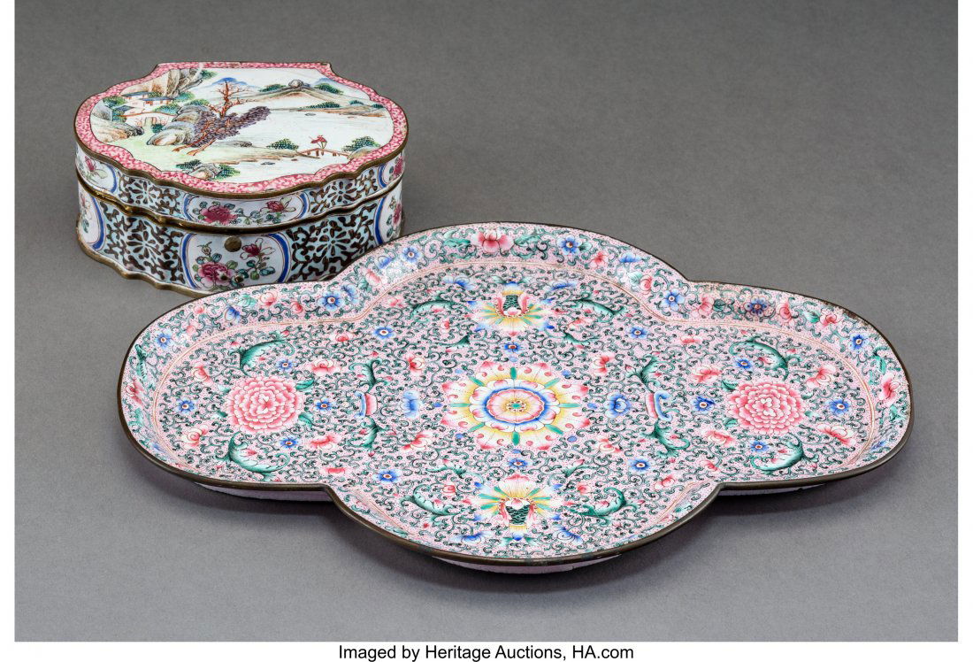 A Chinese Canton Enameled Quatrefoil Tray and Hi (1 of 2)