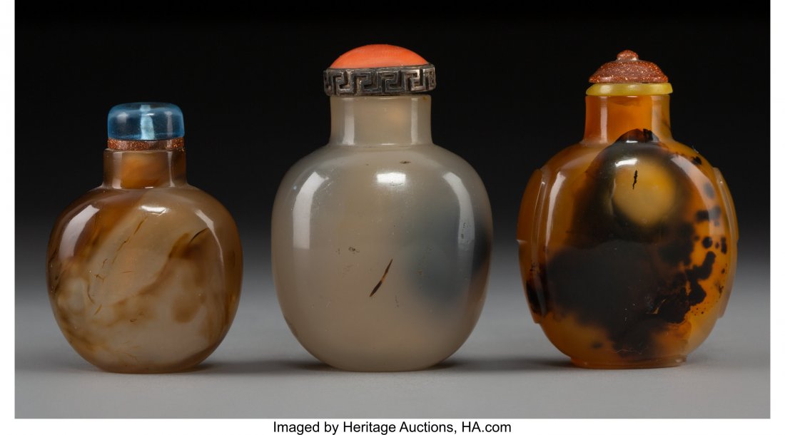 Three Chinese Agate Snuff Bottles, Qing Dynasty, (1 of 2)