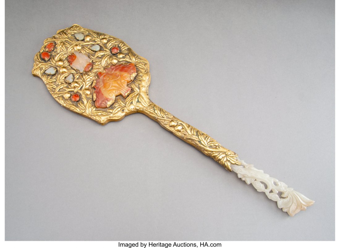 A Chinese Hardstone-Inlaid and Gilt Metal Mirror (1 of 2)