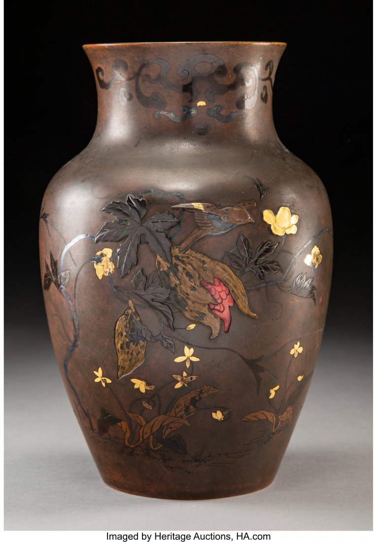 A Japanese Bronze and Mixed Metal Inlay Vase, Me: A Japanese Bronze and Mixed Metal Inlay Vase, Meiji Period 10-1/2 inches (26.7 cm) HID03101062020 © 2020 Heritage Auctions | All Rights Reserved