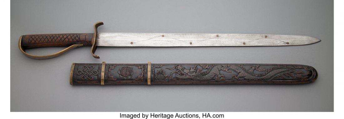 A Chinese Sword with Wood Sheath 31-3/4 x 4 x 0- (1 of 2)