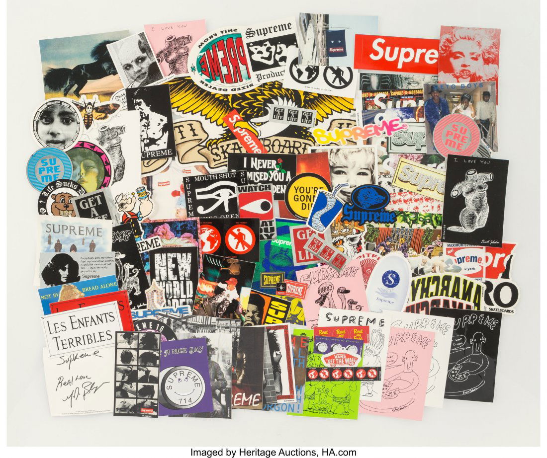 Supreme Group of 90 stickers, early 21st centur: Supreme Group of 90 stickers, early 21st century Digital prints on adhesive sticker 7 x 19 inches (17.8 x 48.3 cm) (largest) HID03101062020 © 2020 Heritage Auctions | All Rights Reserved