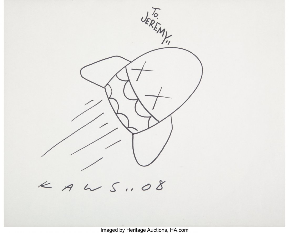 KAWS (b. 1974) Untitled, 2008 Ink on paper 11 x: KAWS (b. 1974) Untitled, 2008 Ink on paper 11 x 14 inches (27.9 x 35.6 cm) (sheet) Signed, dated, and inscribed to front: To Jeremy / KAWS..08 HID03101062020 © 2020 Heritage Auctions | All Rights