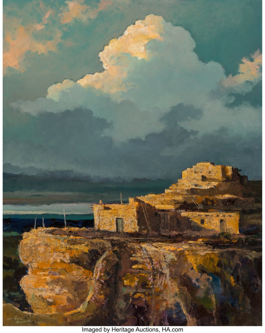 Eric Sloane (American, 1905-1985) Walpi Cloudsca: Eric Sloane (American, 1905-1985) Walpi Cloudscape, 1977 Oil on Masonite 23-1/4 x 19 inches (59.1 x 48.3 cm) Signed lower left: Eric / Sloane Signed, dated, and titled on the reverse: Walpi Cloudscape